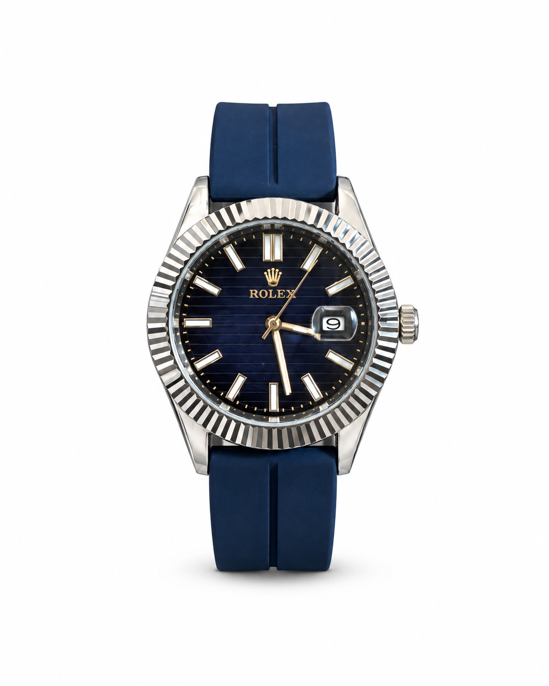 Rolex Datejust 40mm men's watch Lebanon - stainless steel case, deep blue striped dial with gold hands and gold-edged baton markers, fluted bezel, navy blue rubber strap