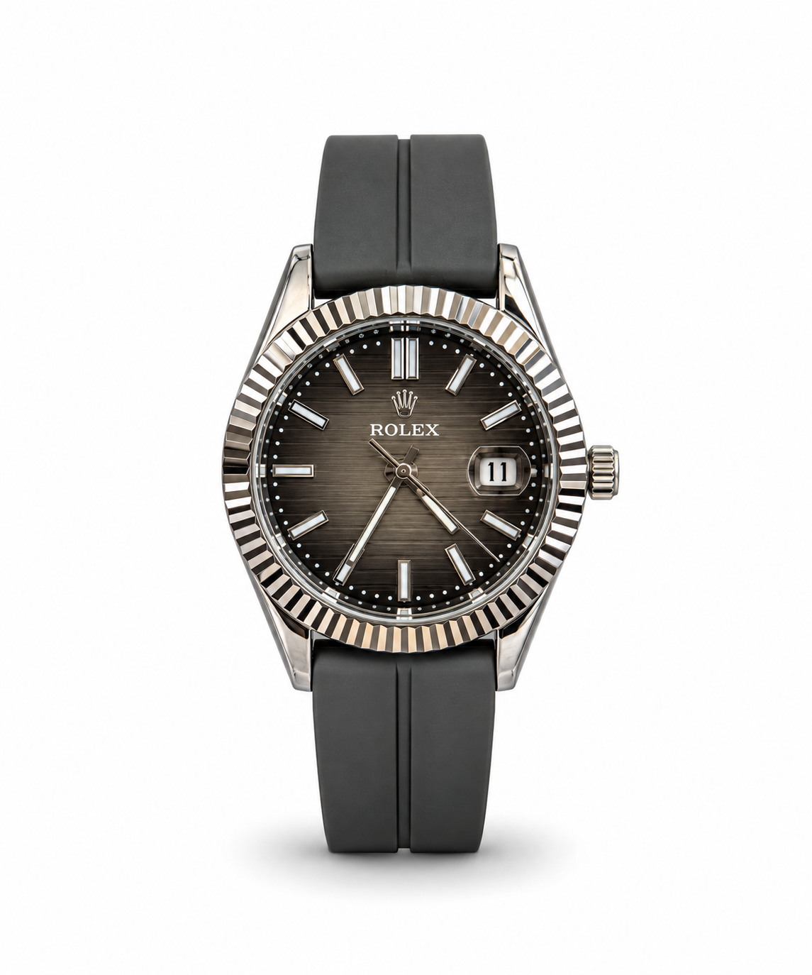 Rolex Datejust 40mm men's watch Lebanon - stainless steel case, grey gradient striped dial with white baton markers and silver hands, fluted bezel, grey rubber strap