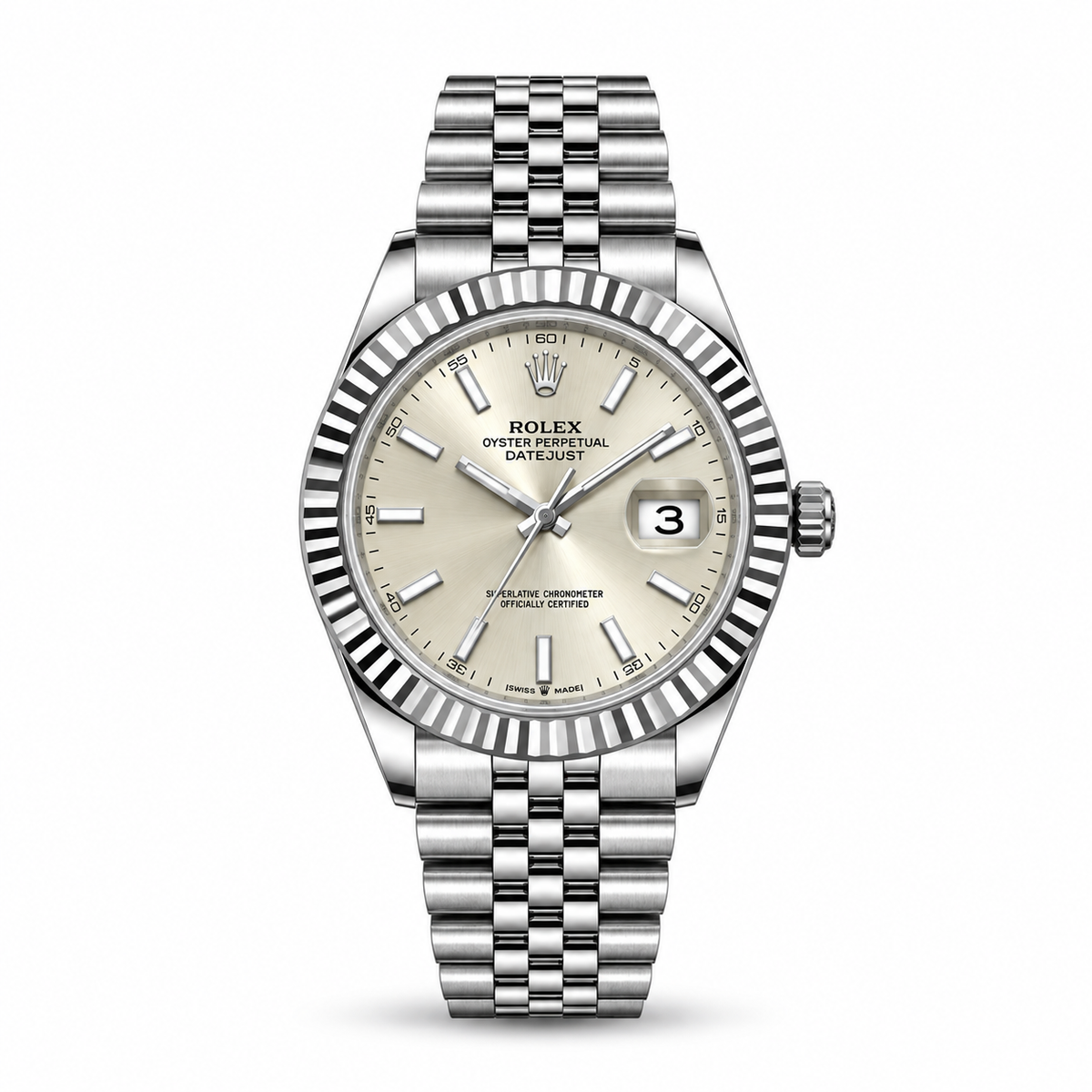 Rolex Datejust 41mm men's watch Lebanon - stainless steel jubilee bracelet, silver sunray dial with baton markers, fluted bezel
