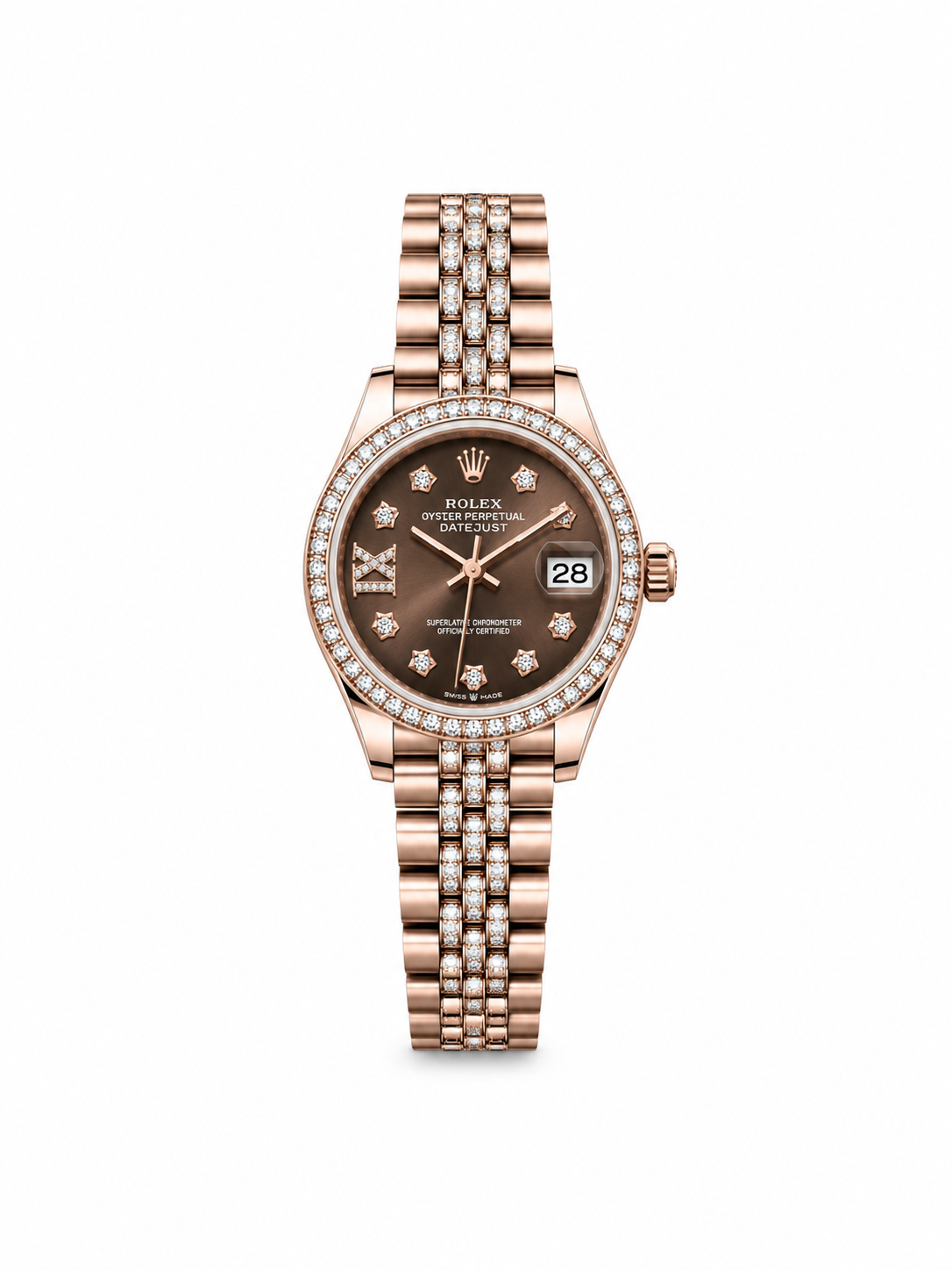 Rolex Datejust 34mm Rose Gold Chocolate Diamond Dial Women Watch Front View Lebanon - ChronoVault
