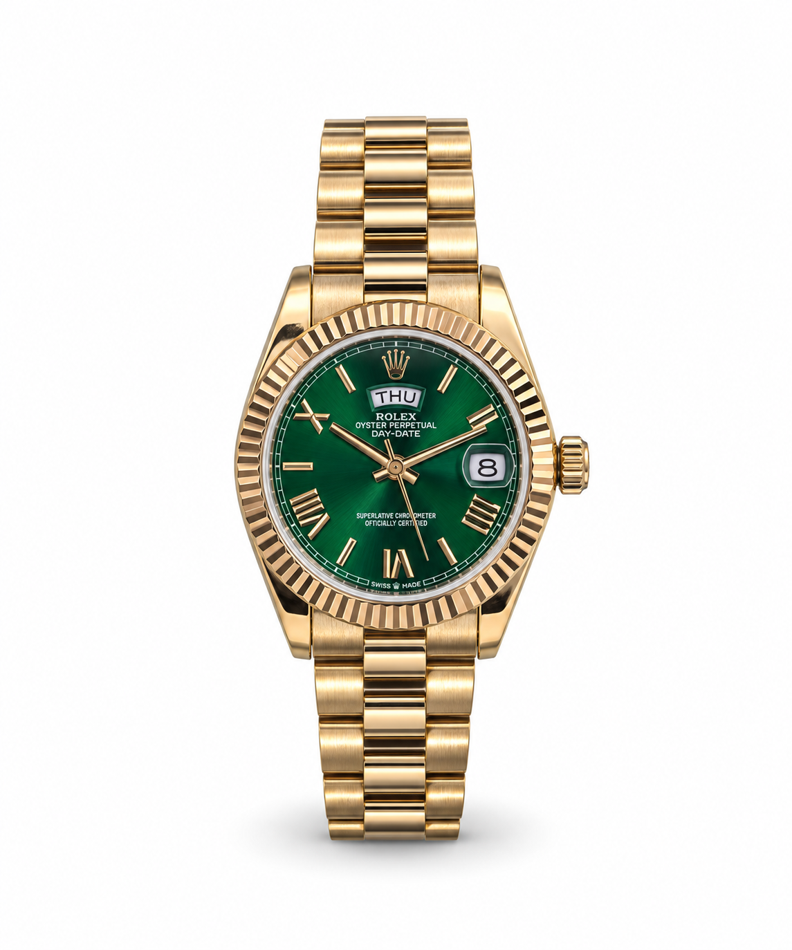 Rolex Day-Date 34mm women's watch Lebanon - yellow gold President bracelet, green sunray dial with gold Roman numerals, fluted bezel