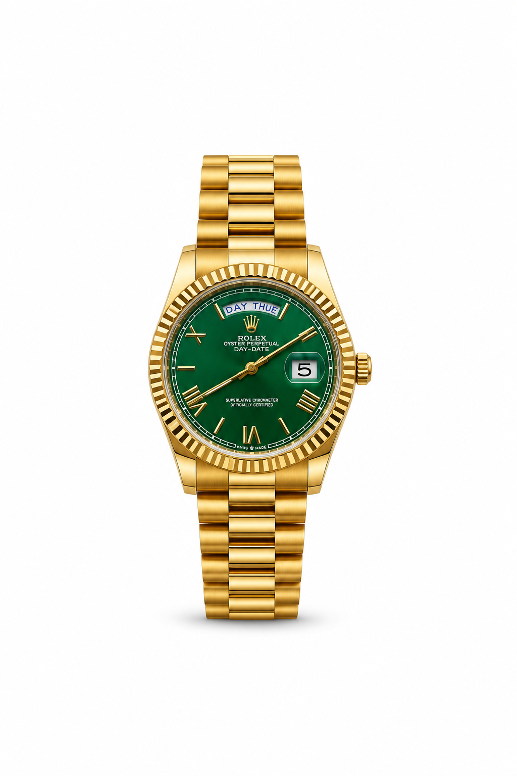 Rolex Day-Date 40mm men's watch Lebanon - yellow gold President bracelet, green Roman dial, fluted bezel