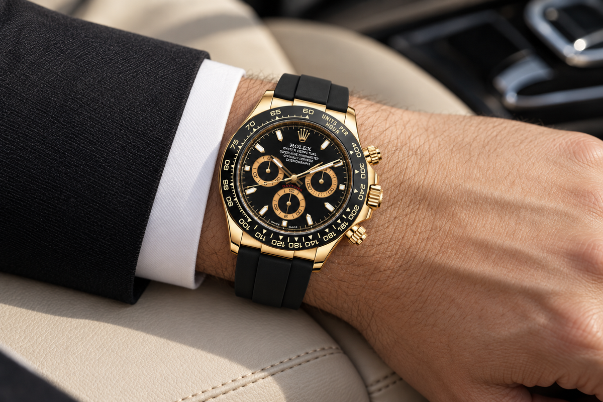 Rolex Cosmograph Daytona 42mm men's watch on wrist Lebanon - yellow gold case, black dial with gold sub-dials, black ceramic bezel, black rubber strap, worn with a black suit and white cuff