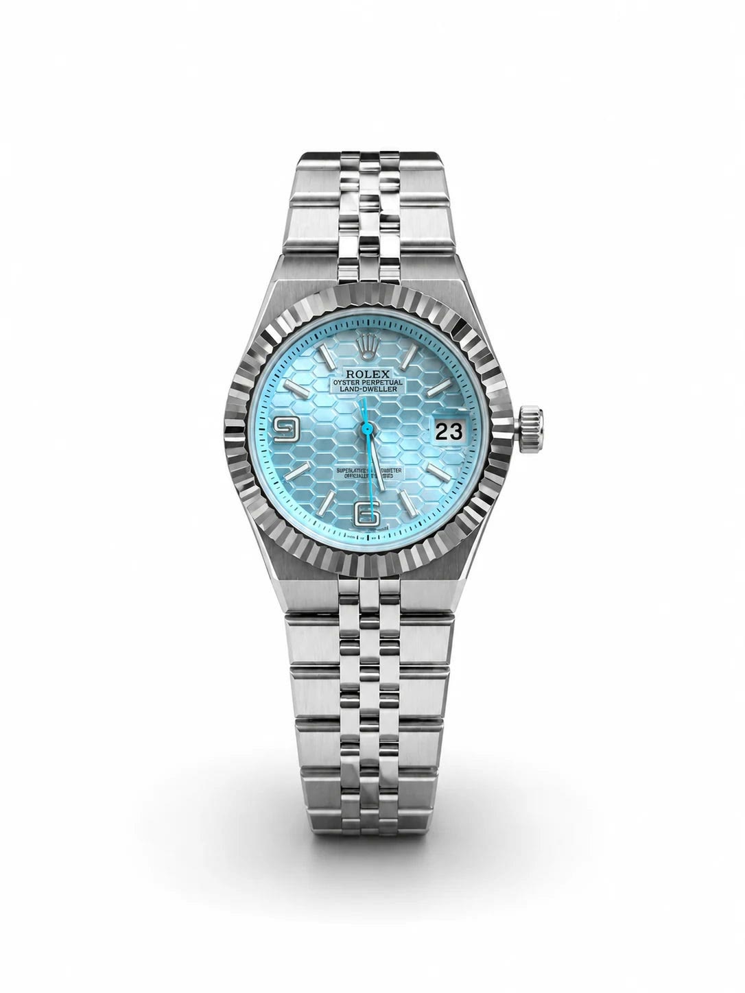 Rolex Oyster Perpetual Land-Dweller 34mm Steel Ice Blue Dial Women Watch Front View Lebanon - ChronoVault