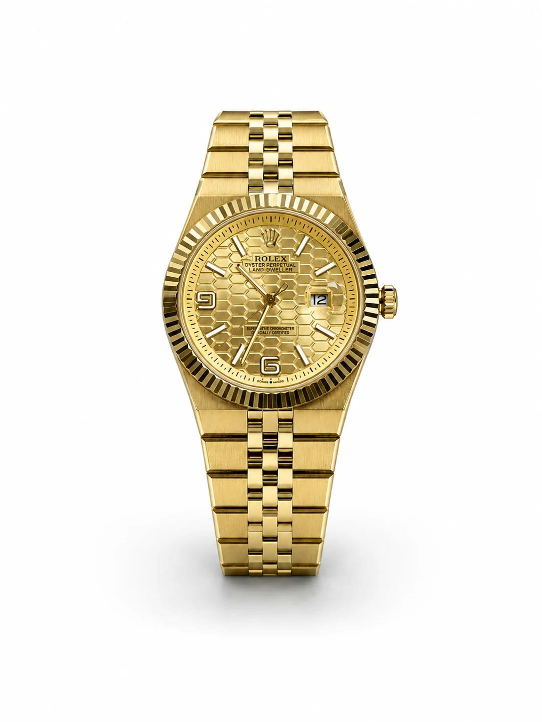 Rolex Oyster Perpetual Land-Dweller 40mm Full Gold Champagne Dial Men Watch Front View Lebanon - ChronoVault