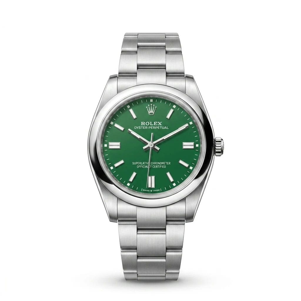 Rolex Oyster Perpetual Steel Green Dial Men Watch Front View Lebanon - ChronoVault