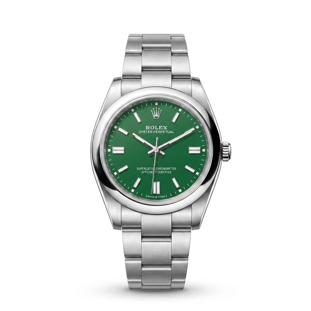 Rolex Oyster Perpetual Steel Green Dial Men Watch Front View Lebanon - ChronoVault
