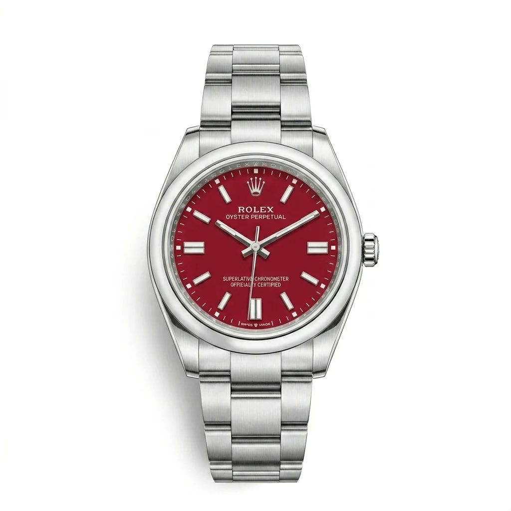 Rolex Oyster Perpetual Steel Red Coral Dial Men Watch Front View Lebanon - ChronoVault