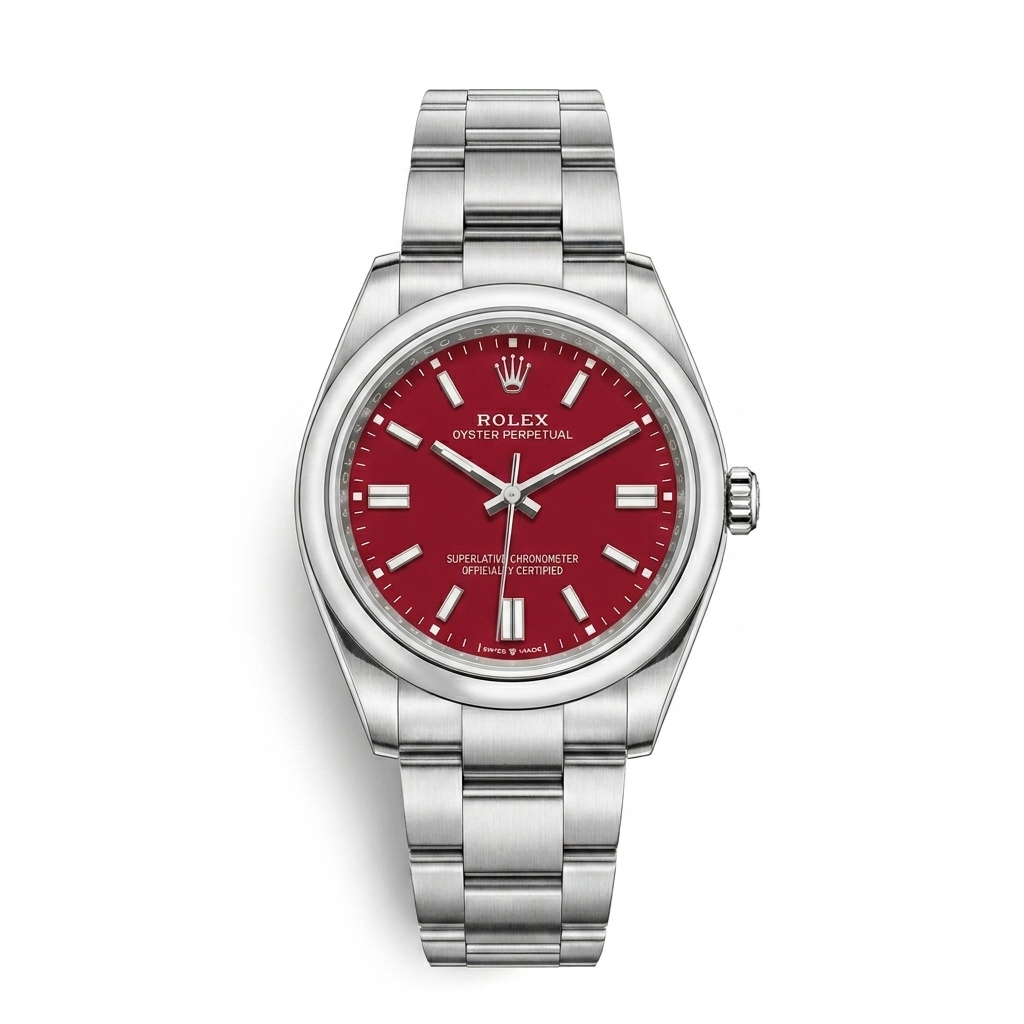 Rolex Oyster Perpetual Steel Red Coral Dial Men Watch Front View Lebanon - ChronoVault