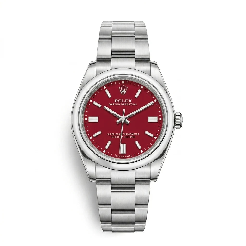 Rolex Oyster Perpetual Steel Red Coral Dial Men Watch Front View Lebanon - ChronoVault