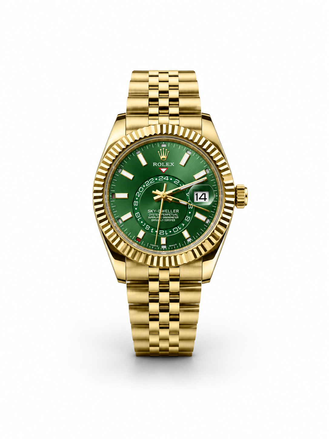 Rolex Sky-Dweller 40mm Full Gold Green Dial Men Watch Front View Lebanon - ChronoVault