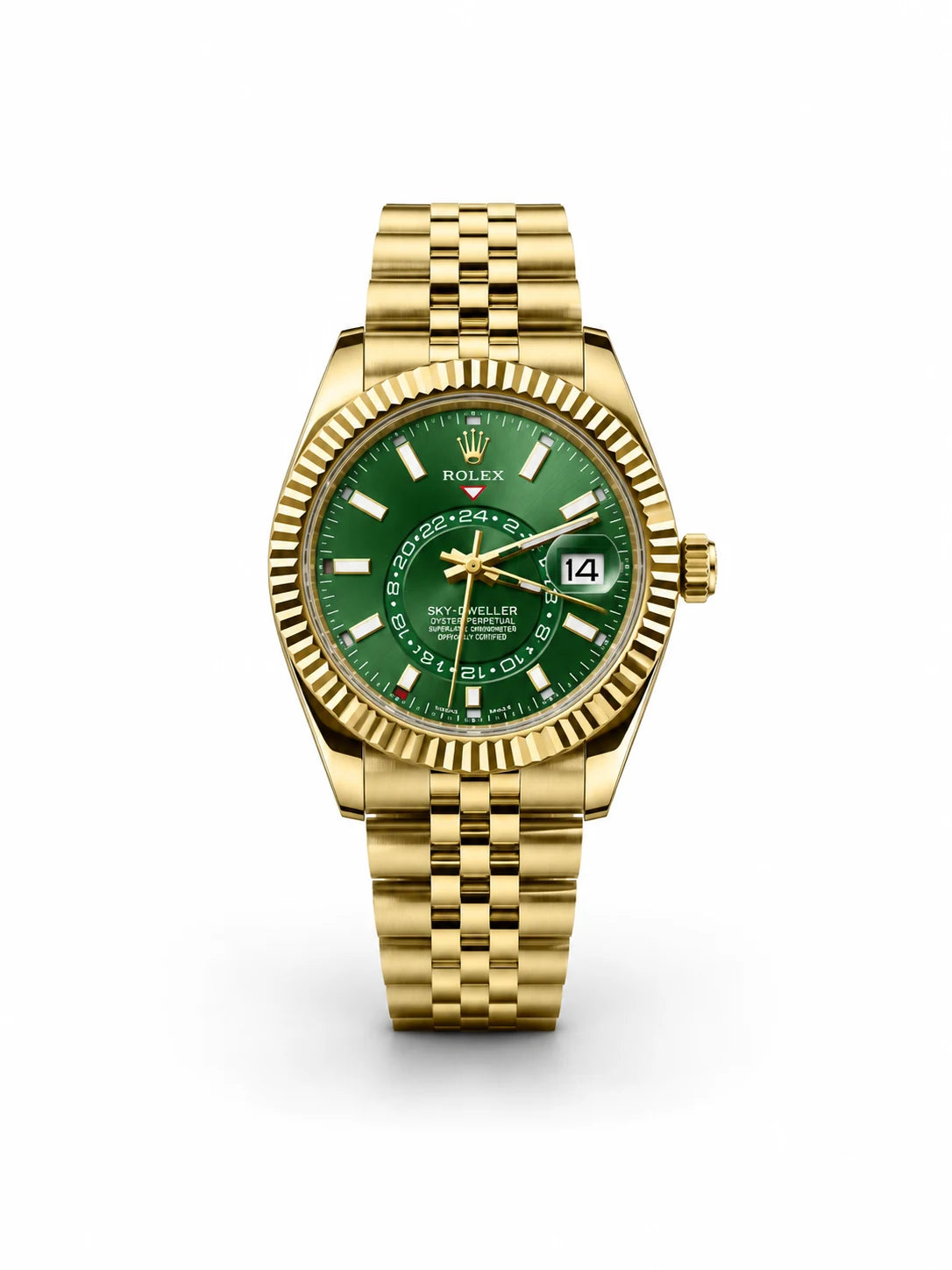 Rolex Sky-Dweller 40mm Full Gold Green Dial Men Watch Front View Lebanon - ChronoVault