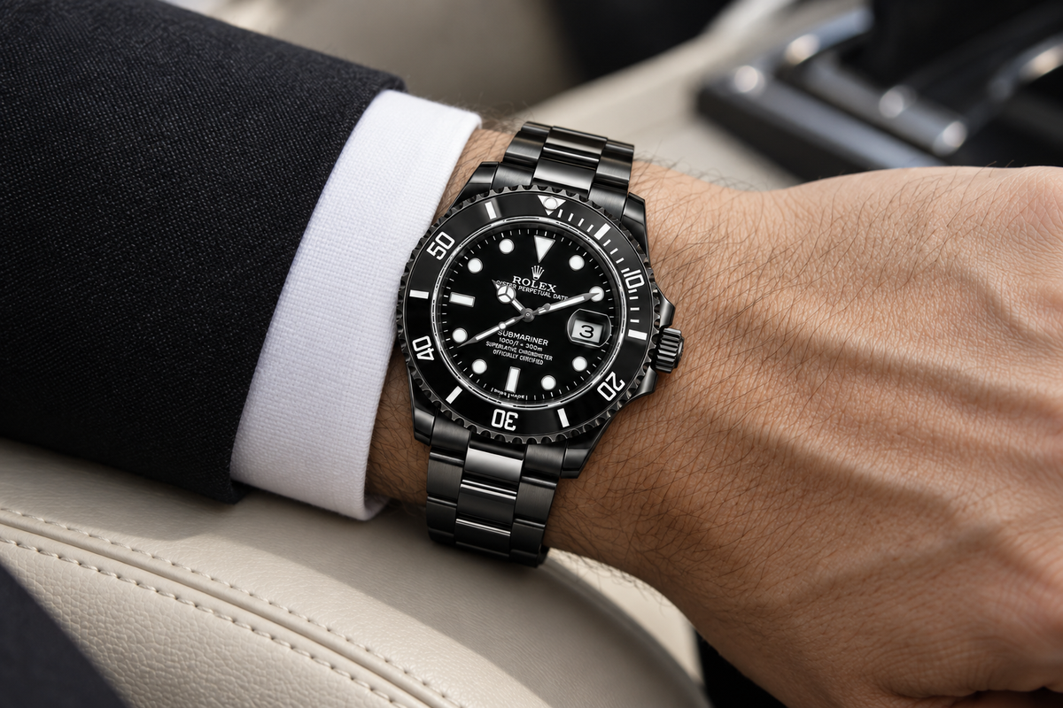 Rolex Submariner Date men's watch on wrist Lebanon - black PVD case and Oyster bracelet, black dial, black ceramic bezel, worn with a black suit and white cuff