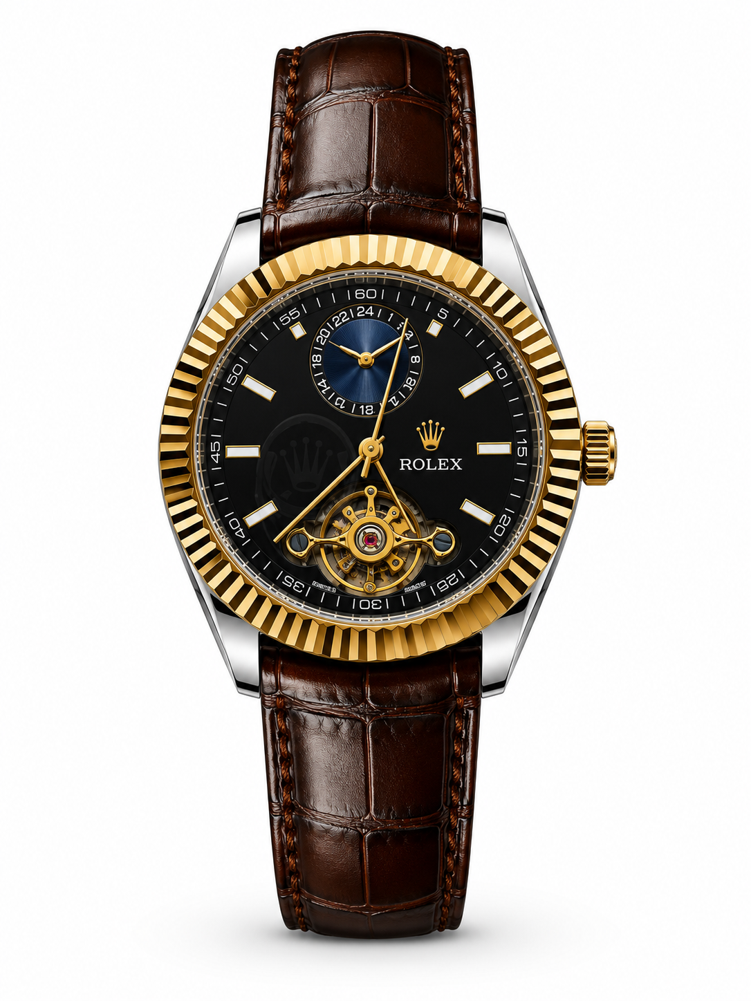 Rolex Tourbillon 40mm Two-Tone Steel Gold Black Dial Brown Leather Men's Watch Lebanon