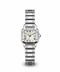 Santos de Cartier women's watch Lebanon - stainless steel square case with screw-set bezel, white Roman numeral dial with blue hands, steel screw-link bracelet
