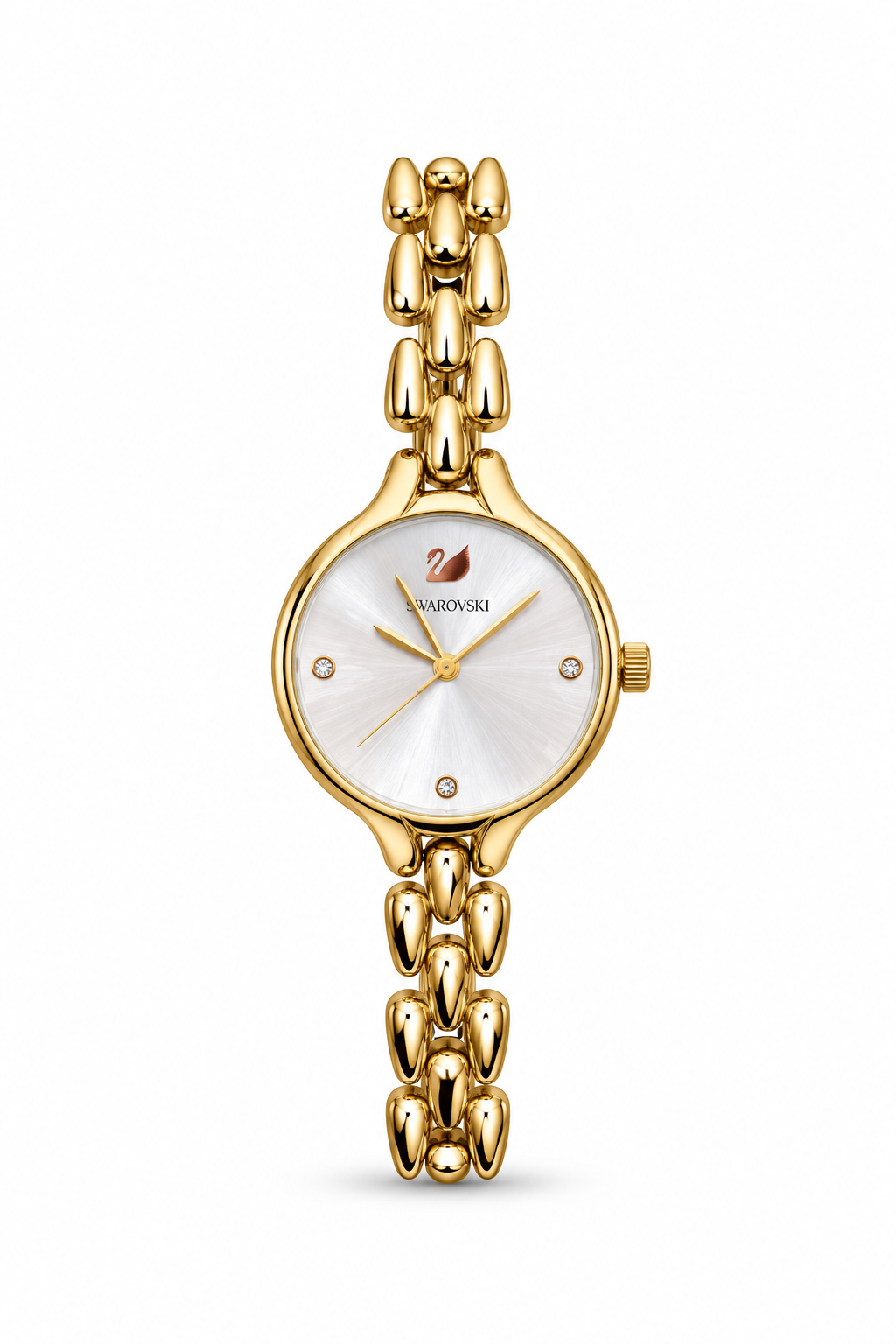 Swarovski women's watch Lebanon - gold-tone round case, silver sunray dial with swan emblem and crystal markers, slim beaded gold-tone chain bracelet