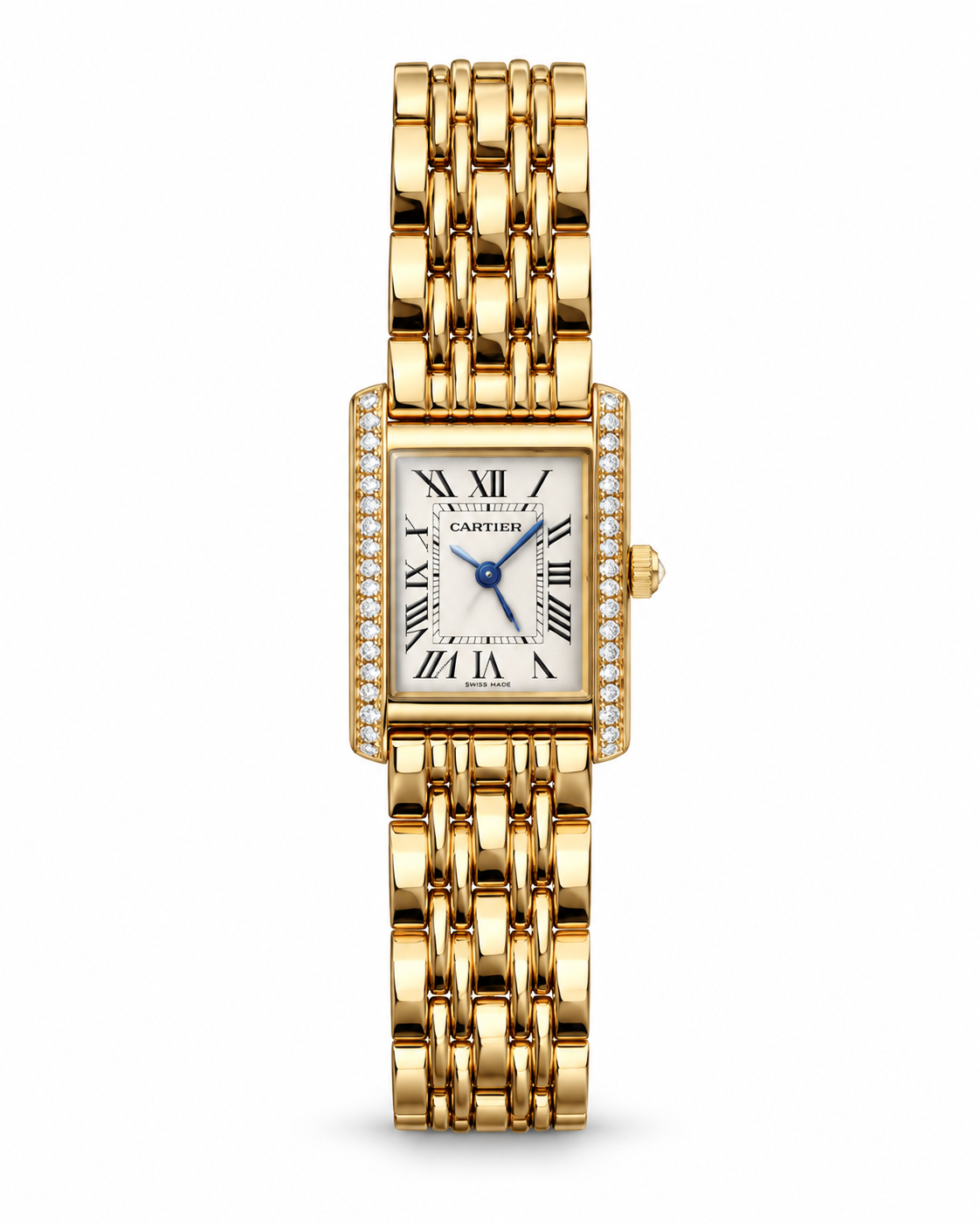 Tank de Cartier women's watch Lebanon - gold rectangular case with diamond-set sides, white Roman numeral dial with blue hands, gold link bracelet