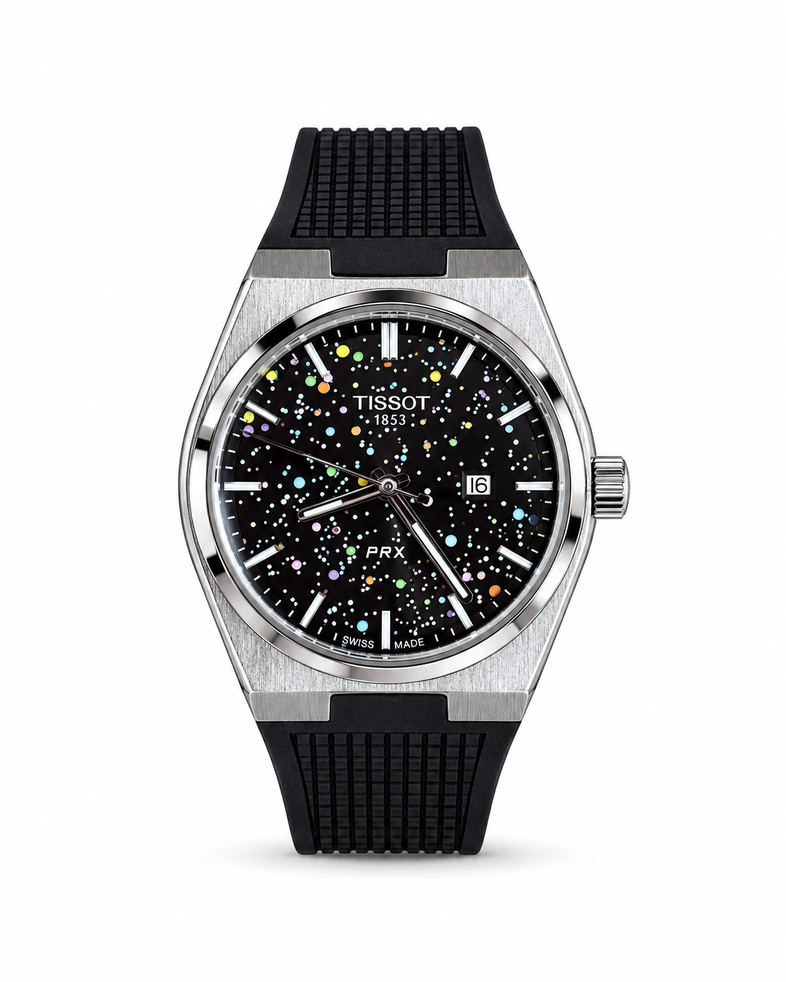 Tissot PRX 40mm men's watch Lebanon - brushed steel integrated case, black dial with multicolored confetti dots, date window, textured black rubber strap