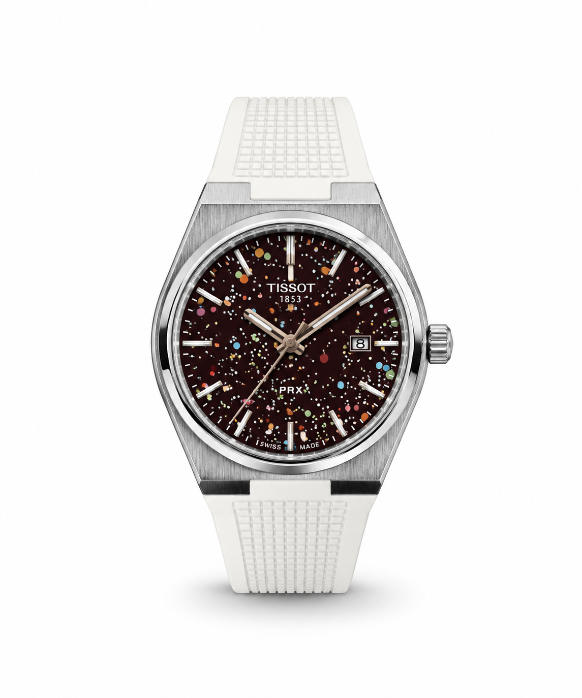 Tissot PRX 40mm men's watch Lebanon - brushed steel integrated case, burgundy dial with multicolored confetti dots and rose-gold hands, date window, textured white rubber strap
