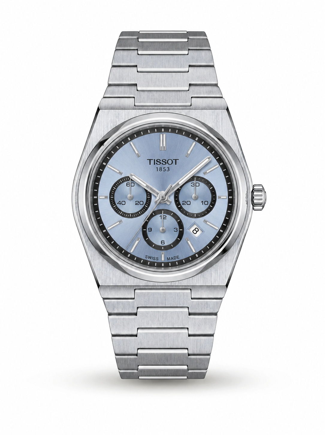 Tissot PRX Chronograph men's watch Lebanon - aqua blue ice dial with black counters, integrated steel bracelet