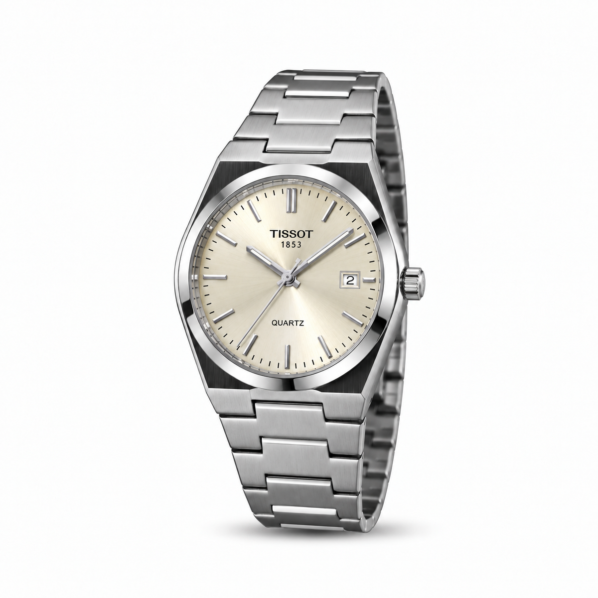 Tissot PRX Quartz men's watch Lebanon - steel case, cream silver sunray dial with baton markers, date window, integrated steel bracelet