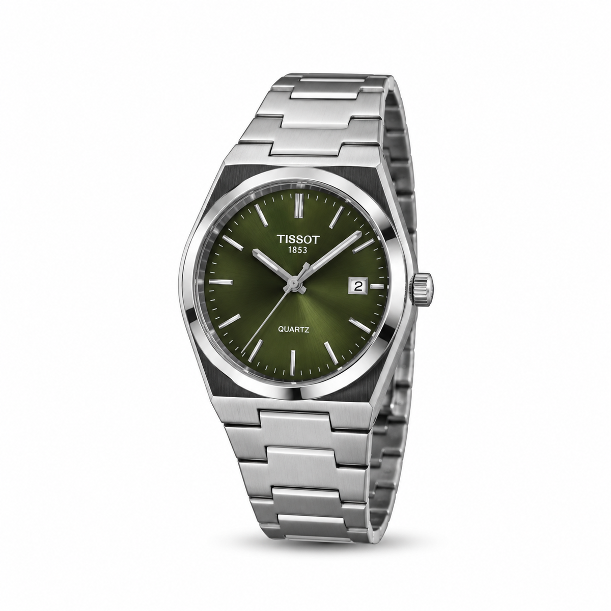 Tissot PRX Quartz men's watch Lebanon - steel case, green sunray dial with baton markers, date window, integrated steel bracelet