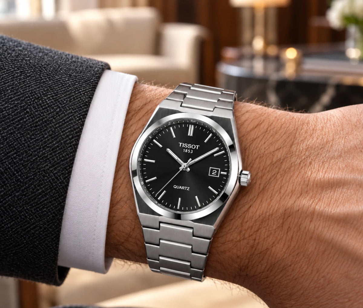 Tissot PRX men's watch on wrist Lebanon - steel case, black dial, integrated steel bracelet