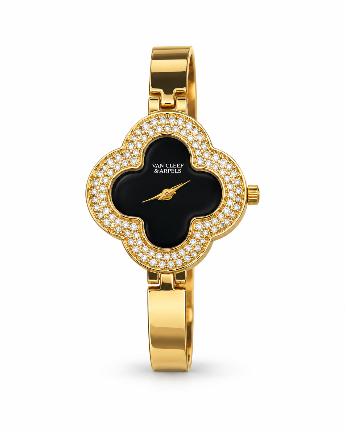 Van Cleef & Arpels Alhambra women's watch Lebanon - gold clover case set with a double row of diamonds, black onyx dial, slim gold bangle bracelet