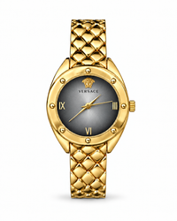 Versace women's watch Lebanon - gold-tone case with studded bezel, grey sunray dial with Medusa emblem and gold Roman numerals, quilted gold bracelet